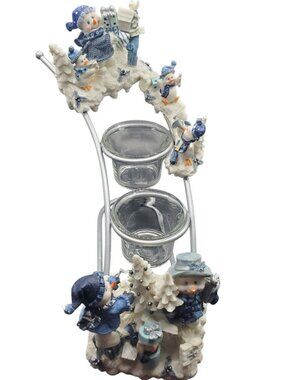 Snowman-Themed Double Candle Holder With Winter Scene & Glass Blue/White